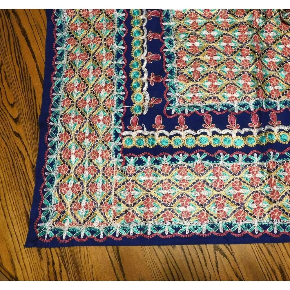 Aghabani Tablecloth & 12 Napkins Set Multicolor Embroidered on Blue 96x56 Inches - Picture 9 of 14